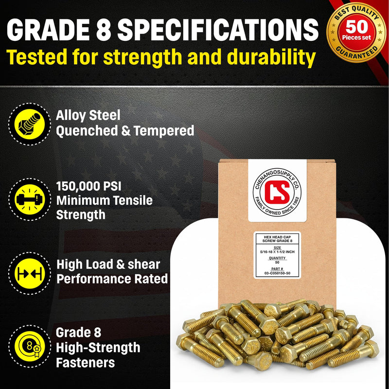 Chenango Supply 5/16-18 x 1-1/2" Grade 8 Hex Head Bolts – Alloy Steel, Yellow Chromate Zinc, USS Coarse Thread, 150,000 PSI Tensile Strength, High-Strength Hardware Bolts (50 Pack, 5/16-18 x 1.5 G8) 5/16-18x1-1/2 (50pcs)