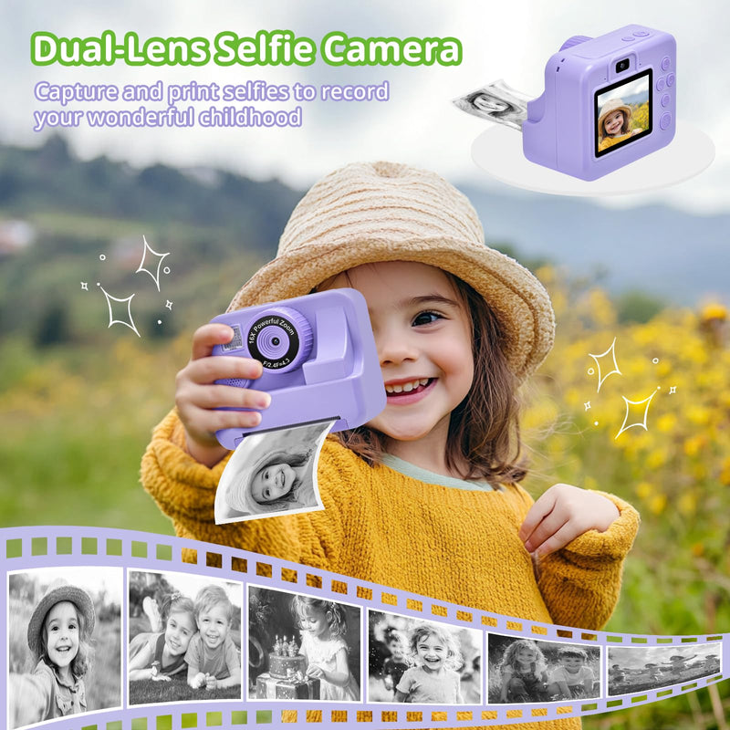 Kids Camera Instant Print Portable Dual-Lens Selfie Cameras with Print Paper & 32G Card, Photo 1080P HD Toddler Digital Printing Camera for 4 5 6 7 8 9 10 Years Old Girls Boys, Purple