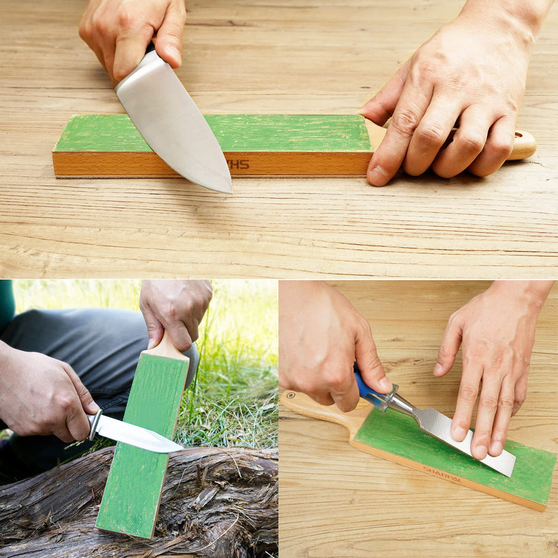 SHARPAL 205H Double Sided Leather Strop (330 x 60mm) Kit with 53g Polishing Paste and Angle Guide, Knife Scraper Block for Sharpening and Honing Knives 205H Leather Strop Set (with Handle)