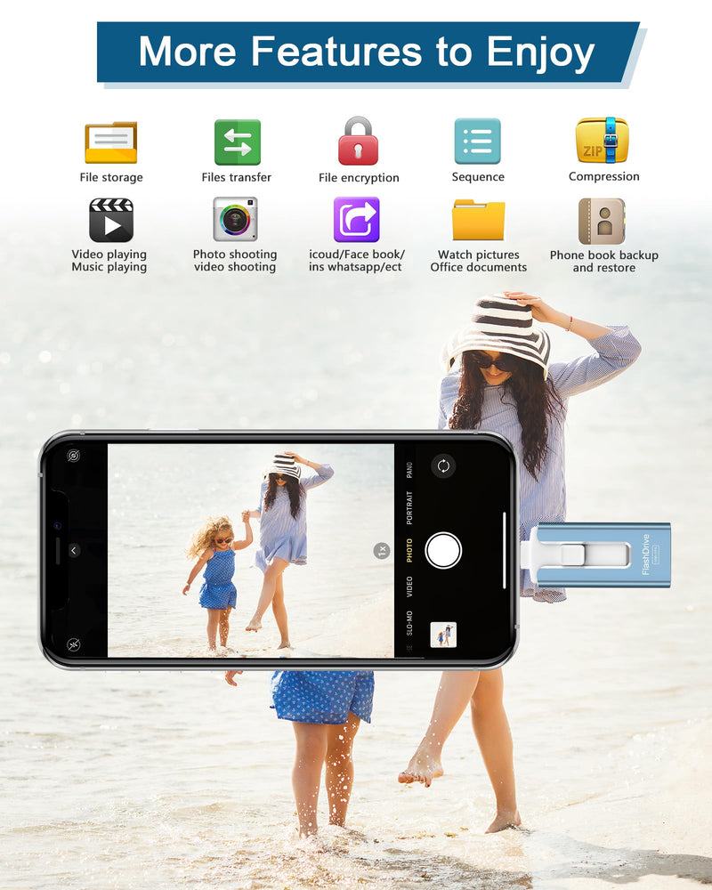 256GB USB Flash Drive for Phone and Pad, Photo Stick High Speed External USB Thumb Drives Photo Storage Memory Stick for Save More Photos and Videos (Blue, 256GB) Blue