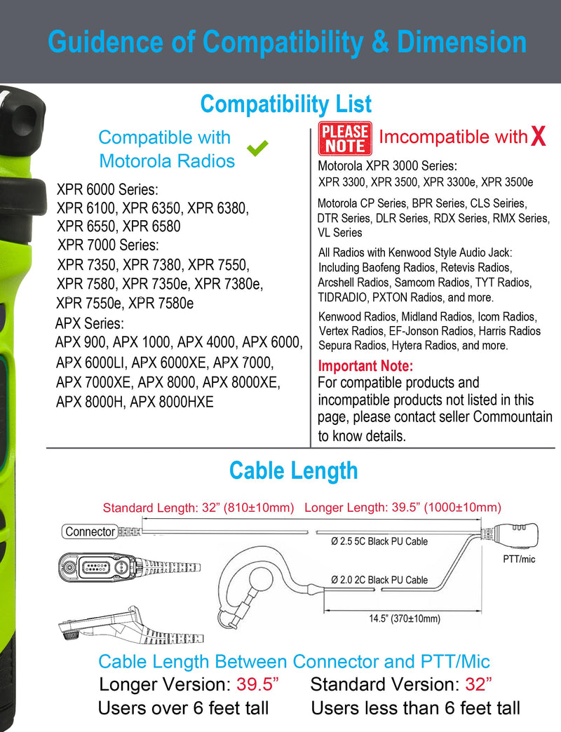 commountain APX 6000 XPR 7550e Earpiece with Mic Compatible for Motorola Radios APX 8000, APX 7000, APX 4000, XPR 7350e, XPR 7550, XPR 7580e, APX6000, APX8000, XPR7550, XPR7550e, Earhook Headset For users less than 6 feet tall