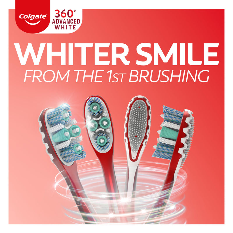 Colgate 360 Advanced Whitening Soft Toothbrush Pack, 4 Adult Soft Toothbrushes with Cheek and Tongue Cleaner, Helps Clean Your Teeth, Tongue, Cheeks, & Gums, 4 - Pack (Pack of 2) 1 Count (Pack of 8)
