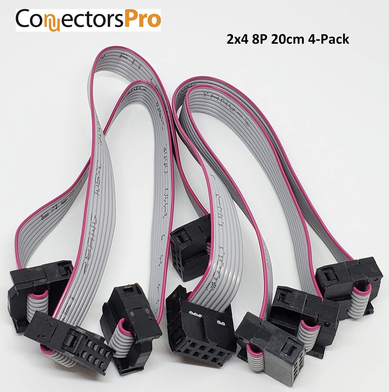 Pc Accessories 8 Inces 20cm Length 2x4 8P IDC 4-Pack Silver Flat Ribbon Cable with Black 2.54mm FC Dual Row Female to Female Connectors (8P-20cm-4PK)