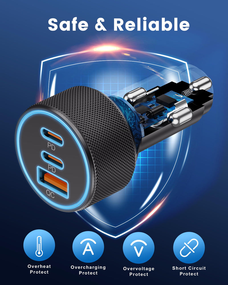 USB C Car Charger, 3-Port 67W Dual USB-C & USB-A Car Power Adapter PD/QC Fast Charging Cigarette Lighter for iPhone 15/14/13/12/11/Pro Max, iPad, Samsung Galaxy S24/S23/S22/S21, Google Pixel, Android