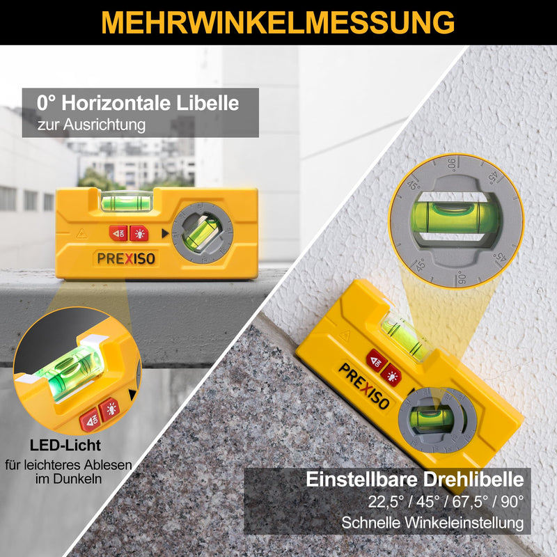 PREXISO 2 in 1 Laser Spirit Level Torpedo Spirit Level with LED Light | Magnet and 10m Laser Cross Line Laser Digital Spirit Level with Laser for Pictures, Markings, DIY