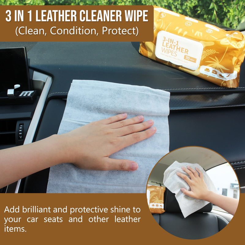 Air Jungles 3in1 Leather Cleaner Wipes 70 Count (Pack of 1), Extra Large 8" x 10" Size Leather Clean Condition Protect Wipes for Vinyl, Apparel Furniture Auto Car Interior Shoes Boots Bags 70 Count (Pack of 1)