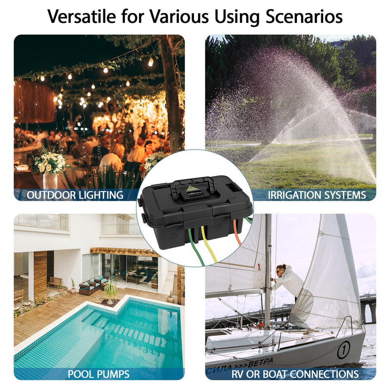 LeMotech Outdoor Electrical Box (External 14x9.6x5.5in), IP55 Waterproof Connection Box with Handle, Extension Cord Cover for Outlet,Pool Pump,Timer,Power Strips,Holiday Light Decoration, Black