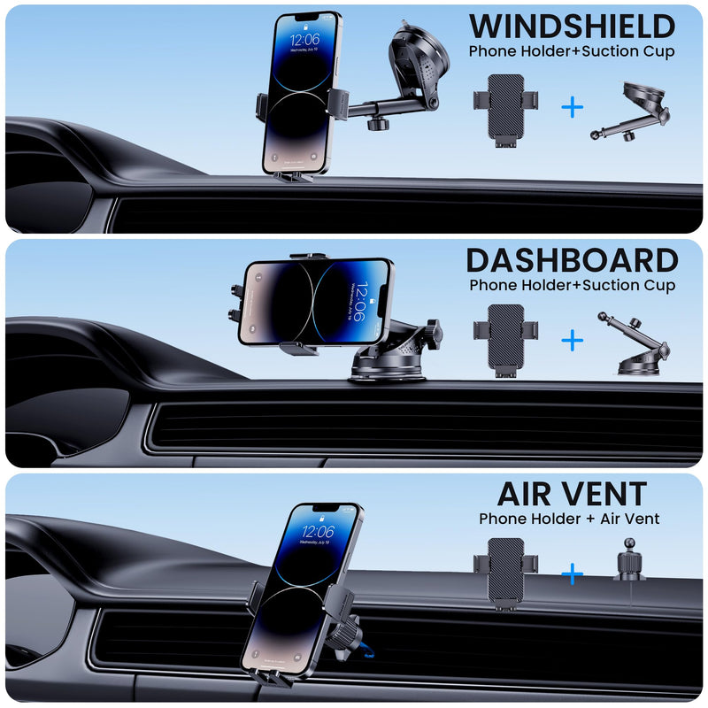 Phone Holder Car [Military-Grade Suction] Universal Car Phone Holder [Thick Case Friendly] Automobile Accessories Dashboard Air Vent Windshield Phone Mount Fit for iPhone Android Smartphones Black