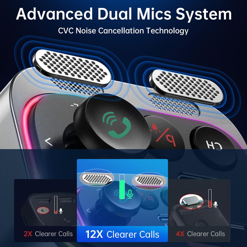 Syncwire Bluetooth 5.3 FM Transmitter Car Adapter, 66W PD QC 3.0 Fast Charge Car Charger with USB-C Coiled Cable, Wireless FM Radio Adapter, Strong Mics, Bass HiFi Sound, Hands-free Call, Light Switch