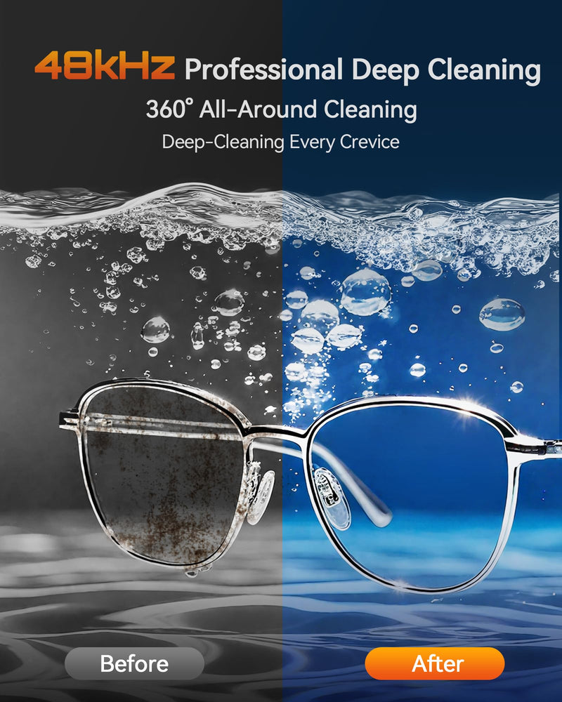 BYASKZIV Ultrasonic Jewelry Cleaner, 48KHz Ultrasonic Cleaner Machine with 20oz 304 Stainless Steel Tank, Dual Modes & LED Display - for Jewelry, Eyeglasses, Watches, Dentures, Retainers & More-Black Black