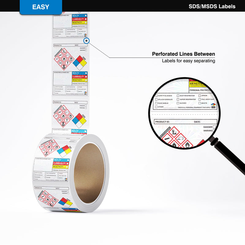 SDS Label Stickers 4 x 3 Inches, Roll of 250 MSDS OSHA Data Stickers with GHS Pictograms & Perforated Edges for Easy Separating | HMIS & Hazard Compliant | Secondary Containers for Chemical Safety SDS/MSDS Stickers