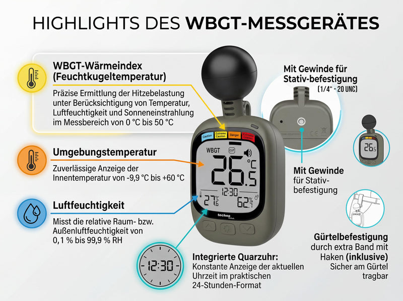 technoline EA 3060 WBGT Meter - Heat Stress Monitor with Temperature & Humidity Display | WBGT Warning System | Indoor/Outdoor | Alarm Function | Ideal for sports, work and outdoor activities