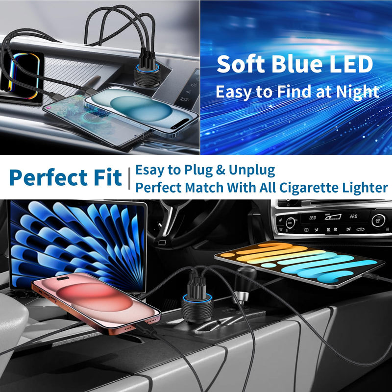 【MFi Certified】iPhone 15 Fast Car Charger, Rombica 3-Port 67W USB-C&USB-A Car Power Cigarette Lighter PD/QC Type-C Fast Car Charging+Type-C Braided Cable for iPhone 15 Pro/15 Pro Max/Galaxy/Pixel/iPad Zinc Alloy Black