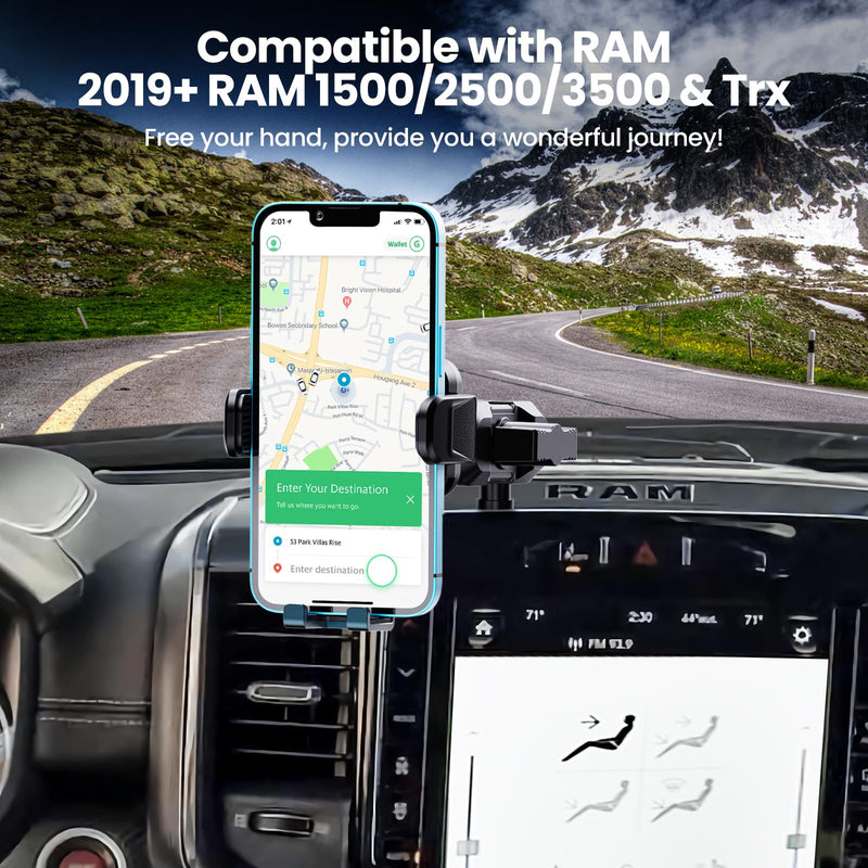 Kaishengyuan Upgraded Metal Phone Mount for Ram Truck 2019+, Dash Mount Cell Phone Holder Compatible with Dodge RAM 1500/2500/3500 & TRX, 360° Adjustable Adapter Phone Stand Fit for Most Smartphones Universal Mount