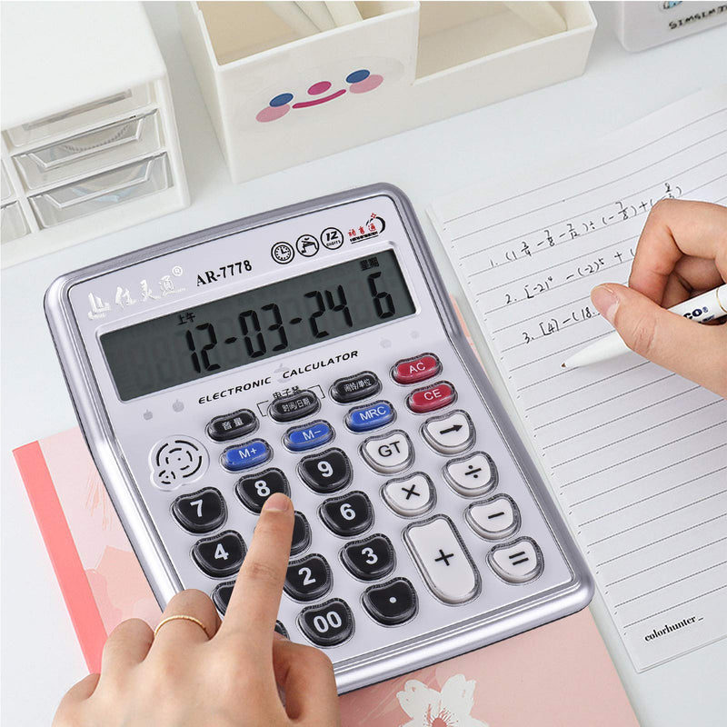 Calculators Large Display,Musical Desktop Calculator 12-Digits LCD Display Electronic Calculator Counter Big Buttons with Music Piano Play Time Date Show Alarm Clock Function for Office