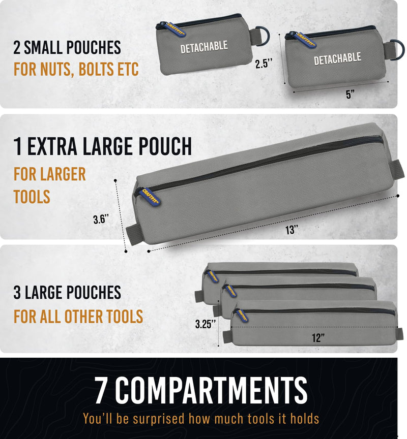 CRAFT911 Durable Tool Bag Organizers w/Detachable 6 Tool Pouches - Small | Compact & Lightweight Tool Roll Up Organizer for Electrician, Mechanic, Hobbyist Gray