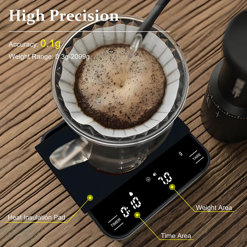 Digital Coffee Scale with Timer/Tare, 2kg/0.1g Precision Espresso Scale, Food Scale Rechargeable, Multiple Modes: Pour-Over/Espresso/Water Flow Speed, LED Display Kitchen Scale with g/oz/ml Black - Tempered Glass