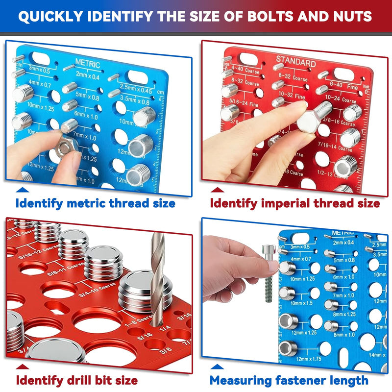 62 Nut and Bolt Thread Checker Standard and Metric Rustproof Nut and Bolt Thread Gauge with 25 Standard & 25 Metric Bolt & 12 Drill Bit Gauge, Bolt and Nut Size Finder for Quick Measurement 62 Thread Checker