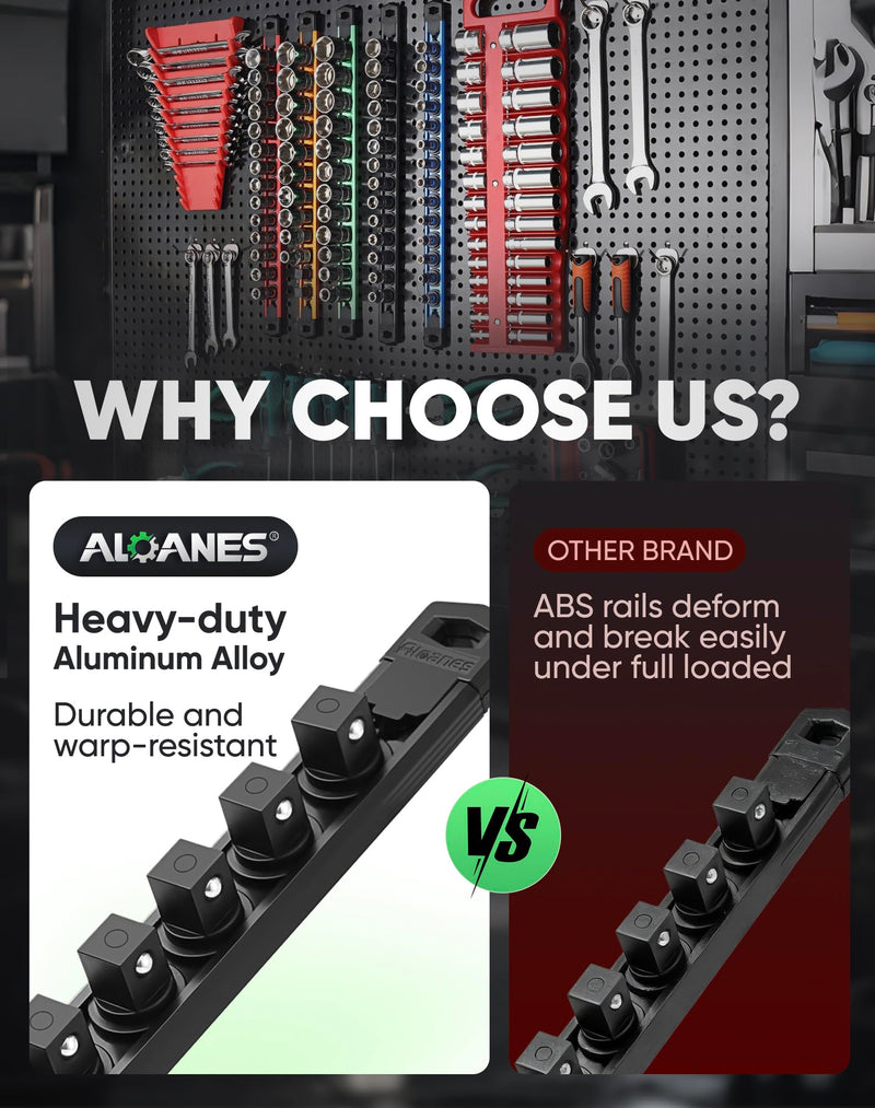 ALOANES Magnetic Socket Organizer Set, 3-Piece Heavy Duty Aluminum Socket Rails, 360° Swivel Clips Socket Rail Kit for Tool Tray Drawer Fit 3/8-Inch x 42 Clips (Black, 3PC) Black 3PC, 3/8-Inch Drive
