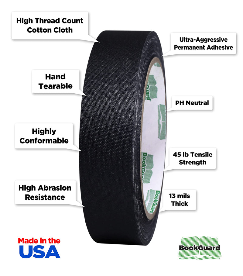 BookGuard 1 Inch Tape Kit, Black Cloth and Clear Poly Tape, 2 Rolls, 45'/Roll