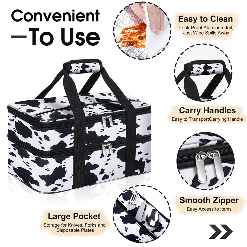 Double Insulated Casserole Carrier, Portable Casserole Carrier for Hot or Cold Food Lunch Tote Warmer or Cooler Bag, Lasagna Lunch Bag for Potluck Parties- Fits 9" x 13" Baking Dish-Cow Pattern 16x10x7.2 in Cow Pattern