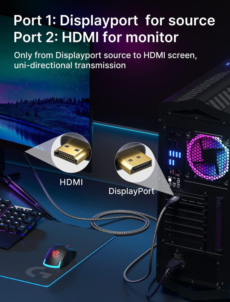JSAUX 4K DisplayPort to HDMI Cable Adapter 2Pack 10FT, DP to HDMI Male UHD 4K@30Hz/2K@60/1080P@120 Nylon Braided Uni-Directional HDTV Cord for Dell, Monitor, Projector, Desktop, AMD, NVIDIA,Lenovo,HP 10FT (Pack of 2) Grey