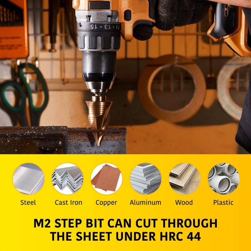 Anfrere Large Step Drill Bit, 1/4 to 2-3/8 inch High Speed Steel Drill Cone Bits for Sheet Metal Hole Drilling Cutting, Sprial Unibit Extra Large 2-3/8 inch 1pc M2 Larger Bit (Gold)