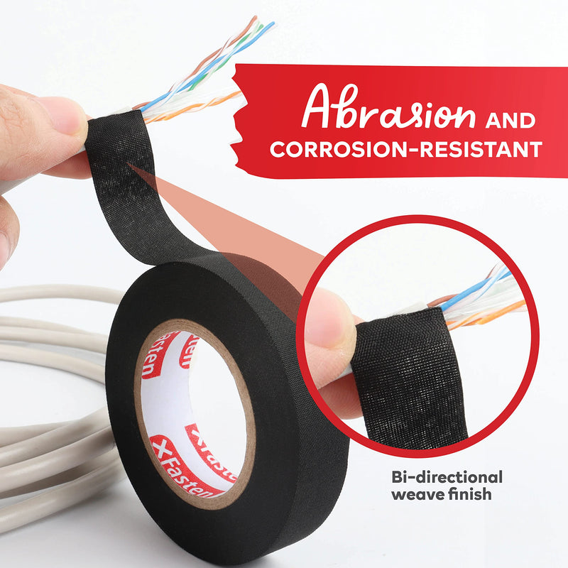 XFasten Wire Harness Tape 3/4 Inch x 50ft Cloth Tape | High Temp Fabric Tape | Cloth Electrical Tape | Felt Tape | Friction Tape | Flat Wire Tape Automotive Wire Loom Tape Screen Wire Tape 1 Black 3/4-Inch x 50-Feet