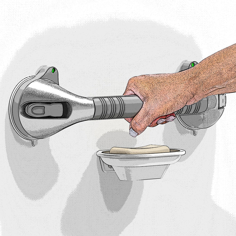 17“ Suction Shower Grab Bar with Indicators, Tool-Free Installation, Steady Handle for Balance Assist for Bathtub, Toilet, Bathroom, Dual Tone, Silver/Gray 2-Pack 17in, Pack of 2 Gray