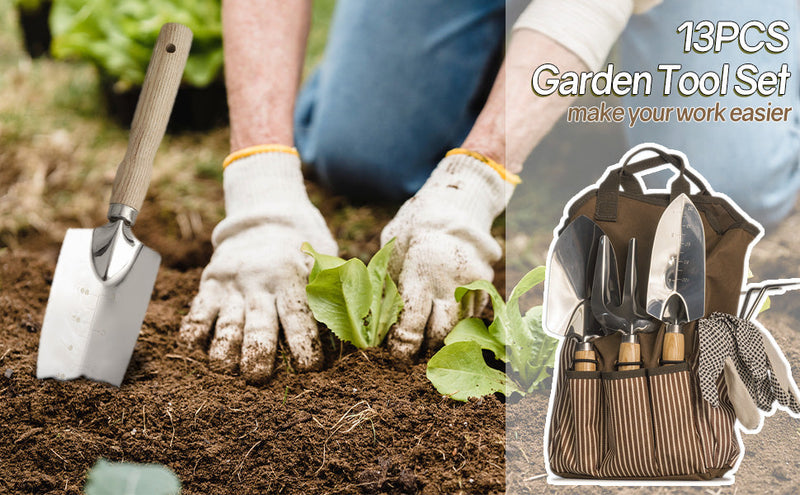 13-Piece Garden Tools Set with Tote Bag & Apron, Repotting Mat - Stainless Steel Heavy Duty Planting Kit, Ergonomic Non-Slip Handles - Gardening Gift for Women, Mom, Home Gardeners WHA-13PCS