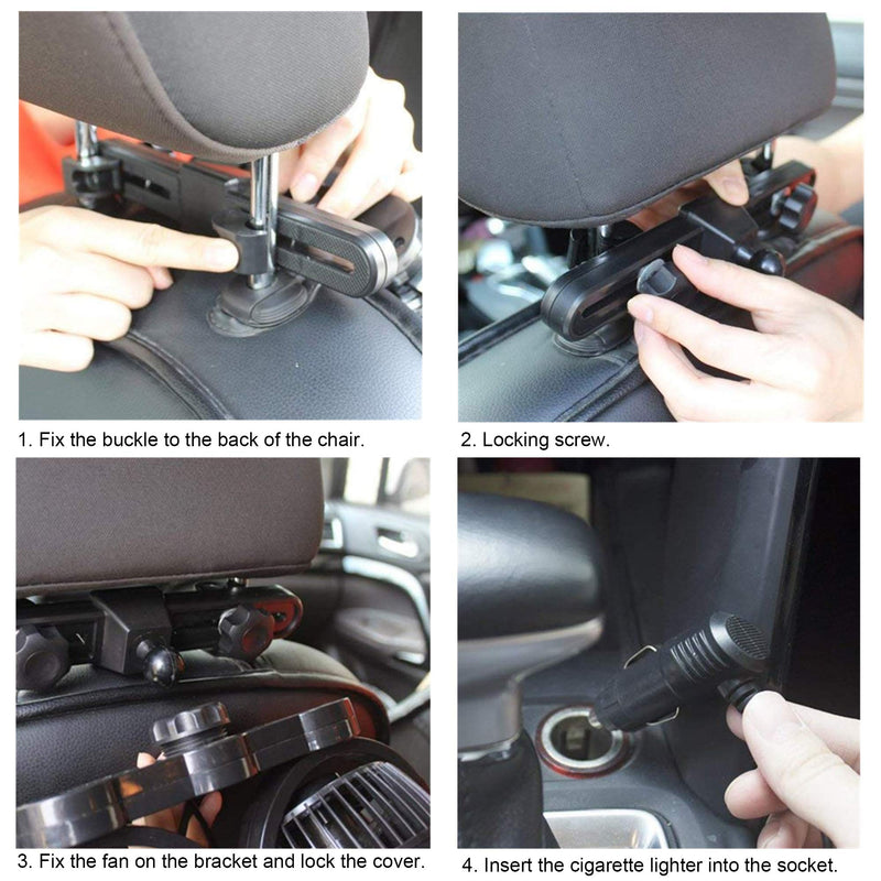 Car Fans 12V Electric Cooling Rear Seat Headrest Vehicle Fan with Cigarette Lighter Plug 2 Speed 2 USB Charging Ports, 360 Degree Adjustable Dual Head Automobile Fan for Truck Van SUV RV Boat Auto Dual Head Back Seat -1
