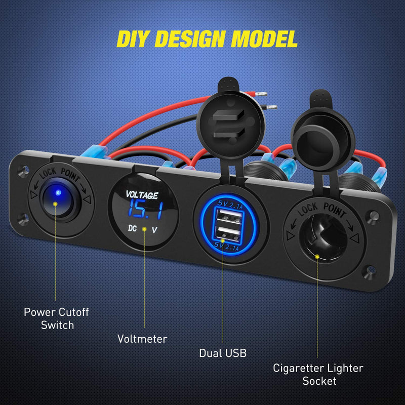 Nilight 4 in 1 ON/OFF Charger Socket Panel Dual USB Socket Power Outlet & LED Voltmeter &Cigarette Lighter Socket& LED Lighted ON Off Rocker Toggle Switch for Truck Car Marine Boats RV,2 Yeas Warranty Blue