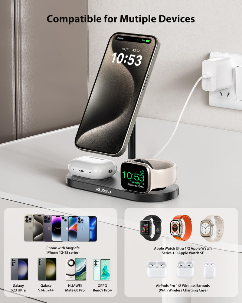 3 in 1 Charging Station for Apple, Aluminum Alloy & Carbon Fiber Magnetic Wireless Charger, Compatible with iPhone 15/14/13/12 Series, for Apple Watch, for AirPods 3/2/Pro & Multiple Qi Devices