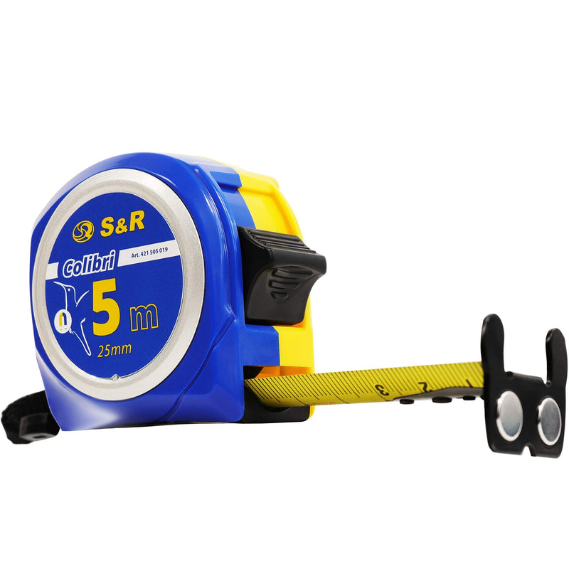 S&R tape measure 5m x 25 mm with magnetic hook, COMPACT and ROBUST, nylon polymer tape measure printed on both sides, belt loop, impact-resistant housing, COLIBRI series, tape measure, ruler, tape measure, roll tape 5m x 25mm
