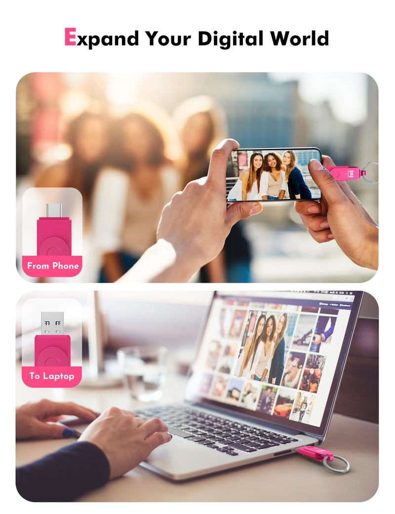 MOSDART 1TB USB3.1 Fast Speed C and A Dual Flash Drive, exFAT Memory Stick with Keychain and LED Indicator, for iPhone 15 and 16, Android Phone, iPad, MacBook, and Other Laptops, Hot Pink