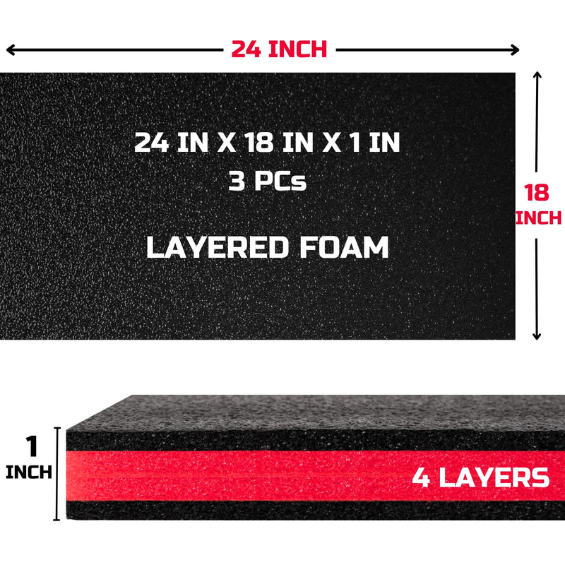 ONREVA Tool Box Foam 24x18x1 inch 3Pack, Foam Inserts for Cases, Polyethylene Storage Sheets for Toolbox Hard Case, Tool Shadow Insert, Kaizen Organizer Sheet, Black with Red