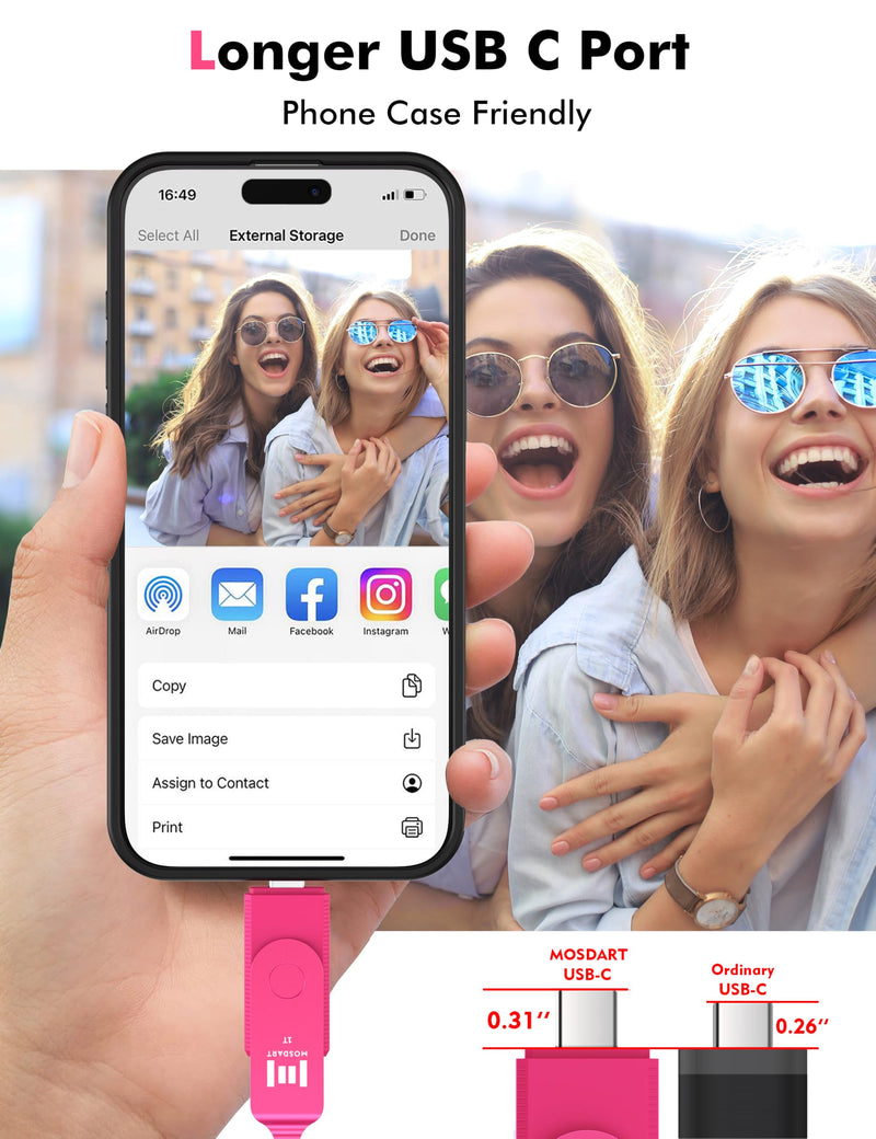 MOSDART 1TB USB3.1 Fast Speed C and A Dual Flash Drive, exFAT Memory Stick with Keychain and LED Indicator, for iPhone 15 and 16, Android Phone, iPad, MacBook, and Other Laptops, Hot Pink
