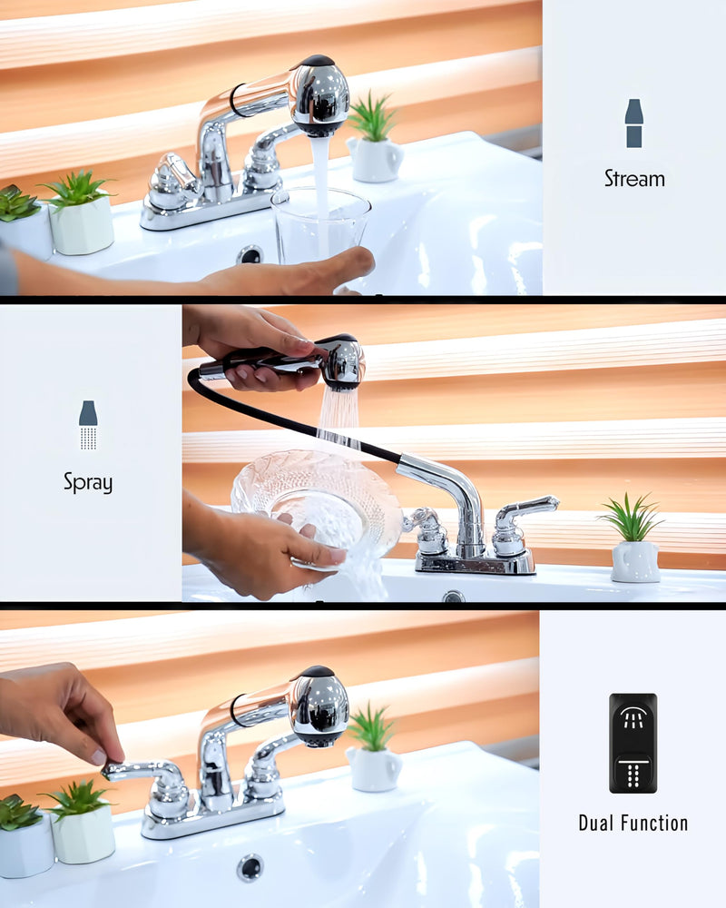 WMF 2 Handle Utility/Laundry/Shop Sink Faucet with Pull Out Sprayer in Chrome, Non-Metallic ABS Plastic, 4" Centerset for Laundry Room, Garage, Mud Room, RV