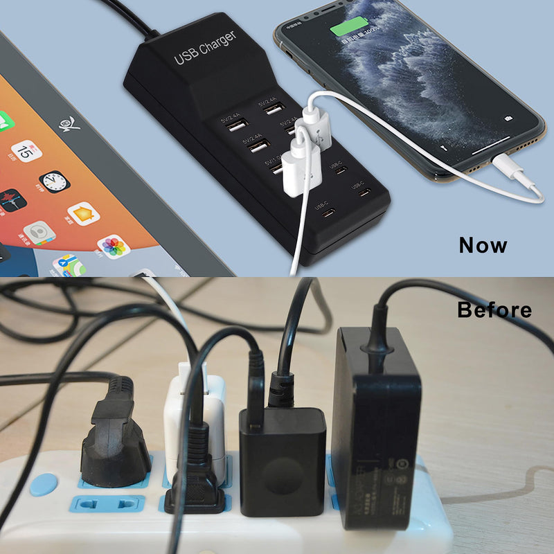 USB Charger,50W USB Charging Station with 10-Port (6 USB-A Port & 4 USB-C Port) Compatible with iPhone 15/14/13/12/11/X/8/7/6 Phones, Watch,Tablets, Smartphones Black 6USB-A&4USB-C Ports-black