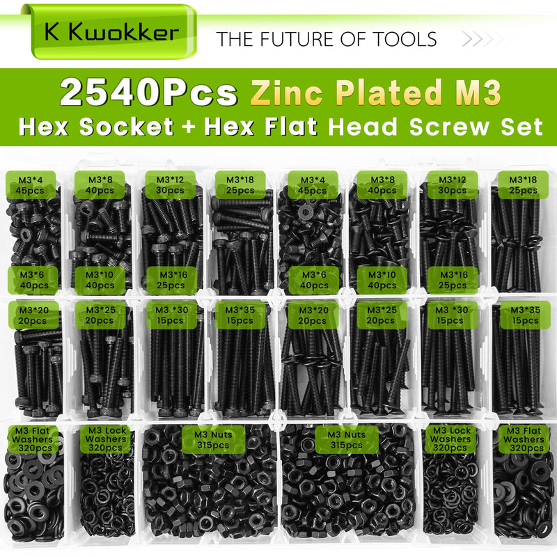 2540Pcs M3 Screw Kit 4MM to 35MM, M3 Socket Head Screws & Flat Head Screws, Upgraded Zinc Plated Assorted Nuts and Bolts Assortment Kit Black M3 Screws with Nuts, Washer and Lock Washers K. M3