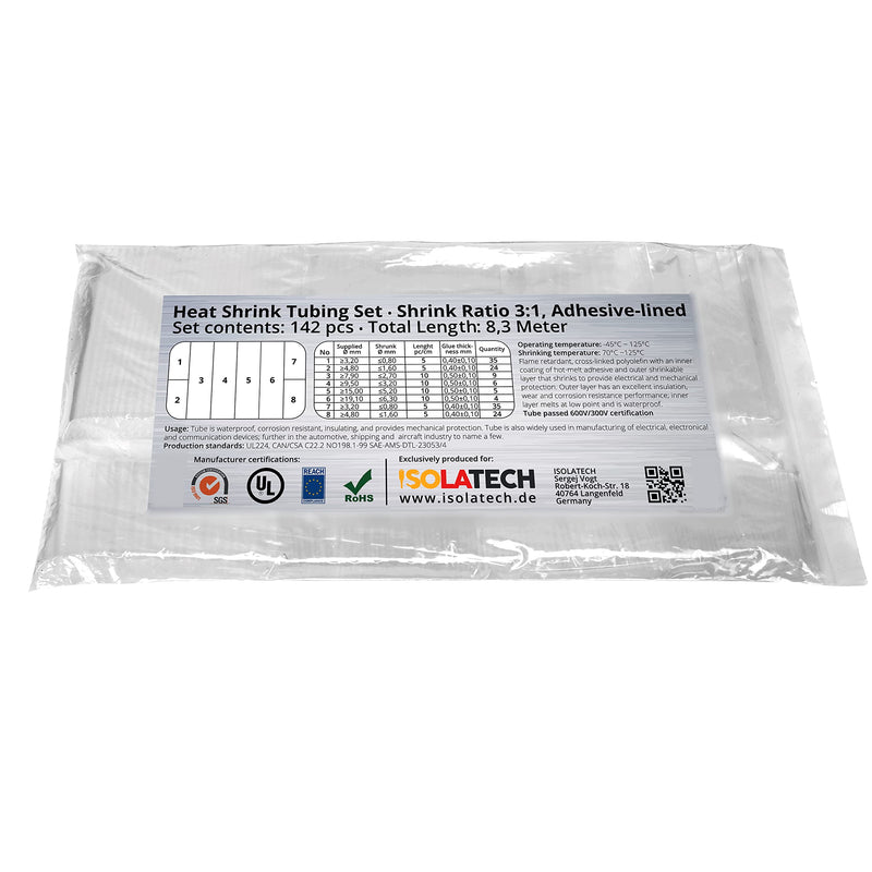 142 pieces 3:1 with adhesive transparent shrink tube assortment unlabelled. Set total length of 8.3m in plastic bag. Hot glue layer on the inside waterproof ISOLATECH