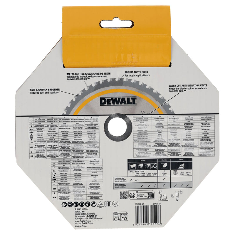 DEWALT DT1044-QZ Metal Circular Saw Blade for Use on Hand-Held Circular Saws for Cutting Mild Steel, Metal Bolts, Angle Irons, Steel Tubes, Diameter: 184 mm, Bore: 20 mm, 48 Teeth, Suitable for DCS383
