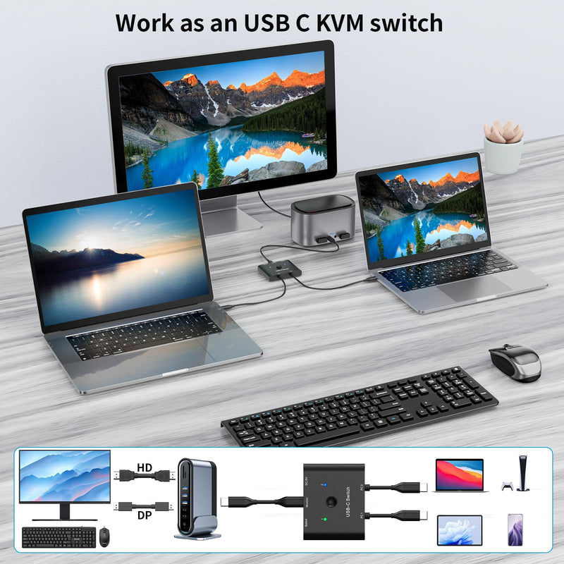 USB C Switch,Bi-Directional USB C Switcher 2 Computers,MLEEDA USB Type C KVM Switch 8K@60Hz 4K@120Hz Video/10Gbps Data Transfer/100W Charging,Compatible with Thunderbolt Device,2 USB-C Cables Included USB C Switch