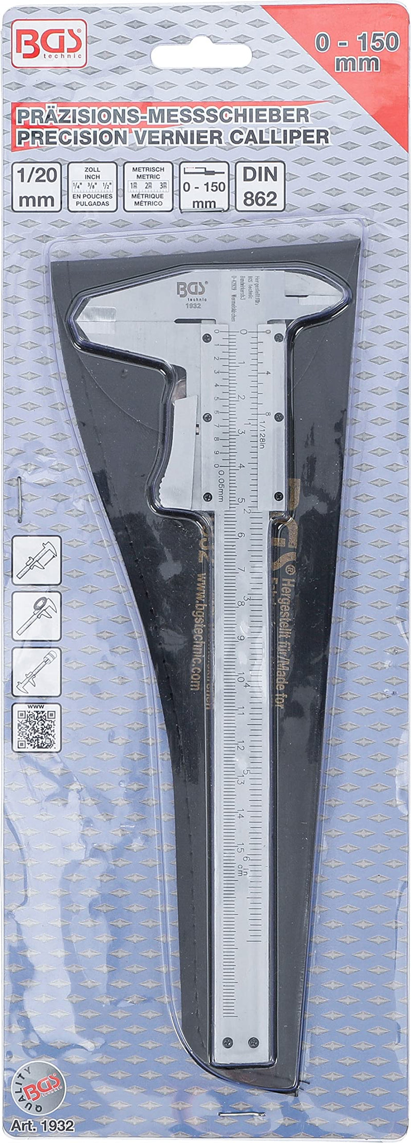 BGS 1932 | Precision caliper | 0 - 150mm | mm + inches | Vernier 1/20 mm | Includes faux leather bag