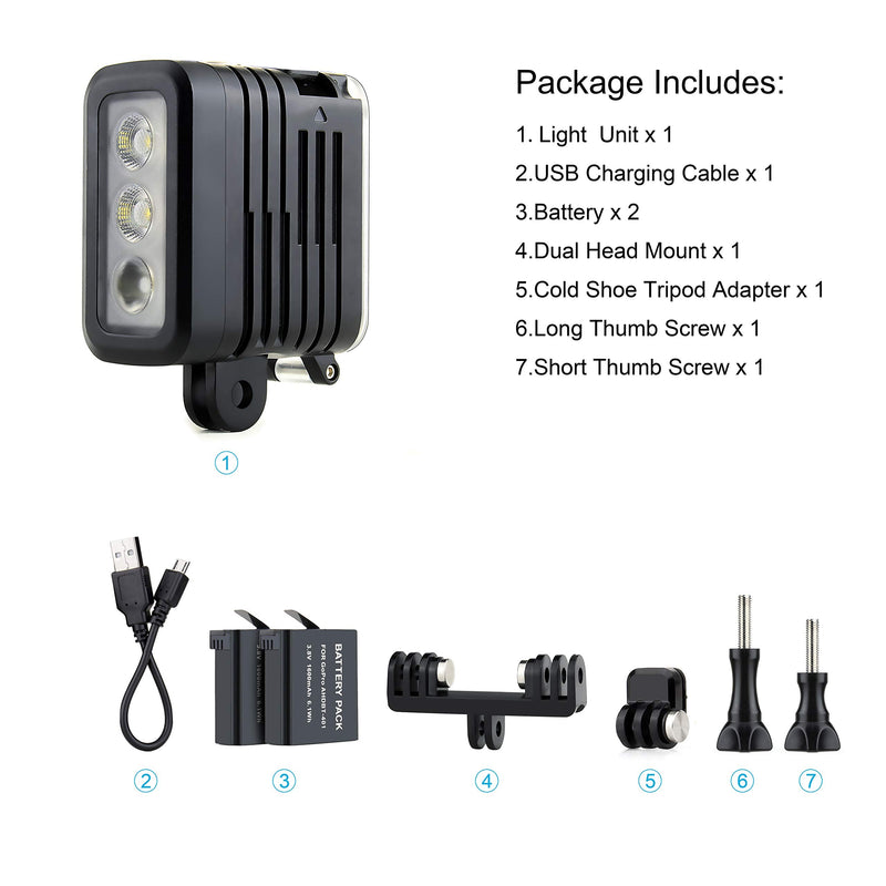 Aluminum LED Diving Light 164FT Waterproof 3 Modes Lightweight Multi-Purpose Dimmable Video Fill Night Light for GoPro Hero12 11 10 9 8 7 6 5 4 3 Session/Fusion/Max/DJI OSMO Action Camera