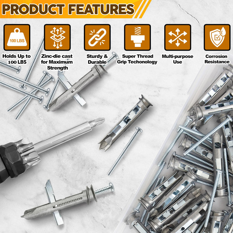 Heavy Duty Drywall Anchors - Self Drilling Ez Drywall Toggle Anchor Kit, #8 Anchor with Screws - Easy Wall Anchors for Hanging and Mounting - Holds Up to 100 Lb. (20 Pack) 20