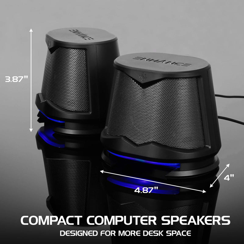 ENHANCE SB2 PC Speakers with Blue LED Glow Lights and 2.0 USB Powered Design - 10W Peak Sound, 3.5mm Wired Connection, in-Line Volume Control - Compatible with Gaming Desktop, Laptop, PC - Black