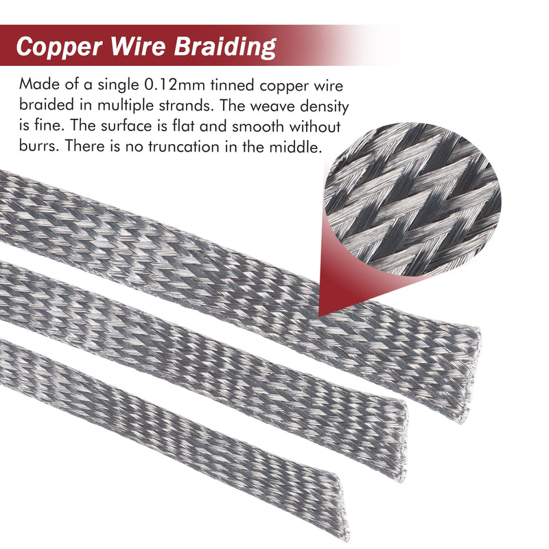 Tinned Copper Metal Braid Sleeving Wire Shielding Sleeve Braided Copper Ground Straps EMI/RFI Interference Expandable Flat Mesh Shielding Cable for Protect Wire (1/2inch-13ft) 1/2inch-13ft