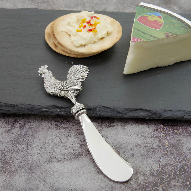 Wine Things Rooster Cheese Spreader Set, Zinc Alloy Butter Spreaders with Decorative Handles for Cheese, Cream, and Dips, Silver, 4.75 Inch, Set of 2