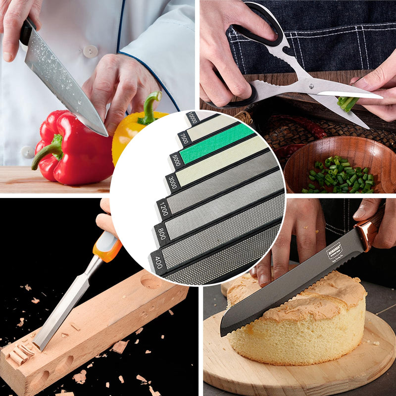 RUIXIN PRO 8 Pcs Diamond Knife Sharpening Stones for RUIXIN PRO RX-008 RX-009 Knife Sharpener Fixed - Angle Kit, Professional Whetstone Set With Base: 200/400/800/1200/3000/5000/7500/10000 Grit 200–10000 Grit